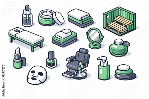 Beauty Spa Care Beauty and Spa, collection of isometric vector icons showing serum bottle, face cream jar, massage bed, towel stack, mirror, lipstick, nail