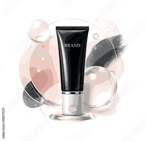 Skincare advertisement, soft curves circular frames abstract droplets and layered collage elements, black and white cosmetic tube with elegant white outline