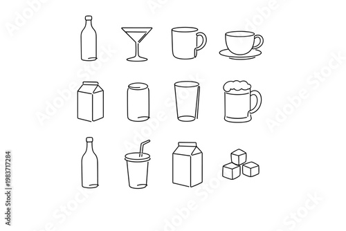 Drink Beverage Collection. Minimalistic set one-line drawing bottle, cocktail glass, coffee mug, tea cup, juice carton, soda can, water glass, beer mug, wine