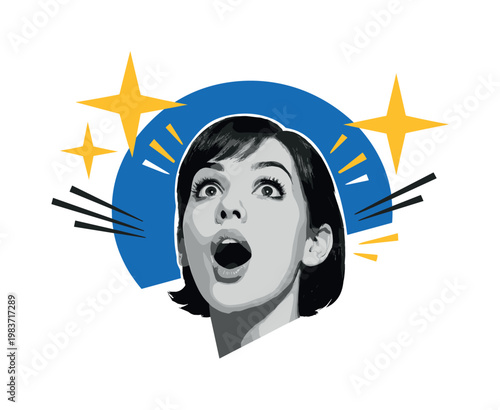 A dramatic wow expression portrait featuring a monochrome cut-out face looking upward, astonished emotion, oversized blue semicircle intersecting the head,