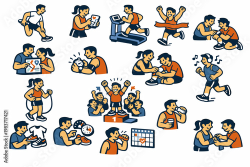 Running Sport Stories flat vector digital illustration, doodle flat, thick outline, expressive characters, simple shapes, playful proportions, exaggerated