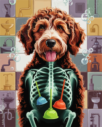 Cute curly dog with xray skeleton and plungers in bathroom, whimsical veterinary anatomy illustration with bubbles