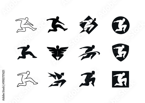 parkour. Icon set. Set Logo of parkour: jumping human silhouette. harmonious logo variations of the same emblematic concept, each with different artistic
