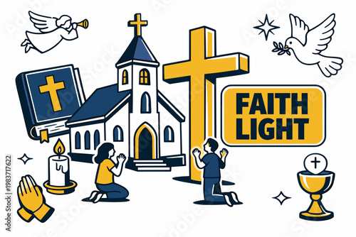 Christian Faith Stories Christian Faith Stories banner, two worshippers near an oversized church and giant cross with bible candle and dove elements extending