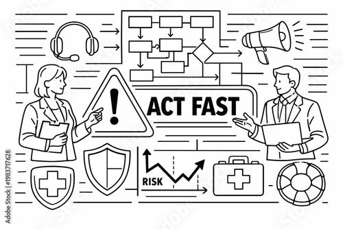 Crisis Management Response. Clean outline line art banner of crisis management with two managers coordinating around an oversized warning triangle and giant