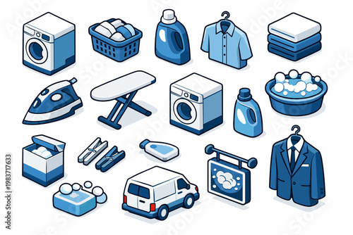 Laundry Cleaning Service Laundry Cleaning Service collection of isometric vector icons showing washing machine, laundry basket, detergent bottle, shirt, towel,
