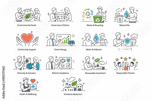 ESG Sustainability Outline Icons. ESG, sustainability, environmental impact, governance, social responsibility, ethical finance, and inclusive