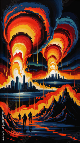 Surreal apocalyptic cityscape with fiery vortex sky, molten landscape, dark mountains, water reflections, and human silhouettes