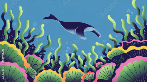 Colorful underwater illustration of whale swimming above coral reef and seaweed in vibrant blue ocean scene