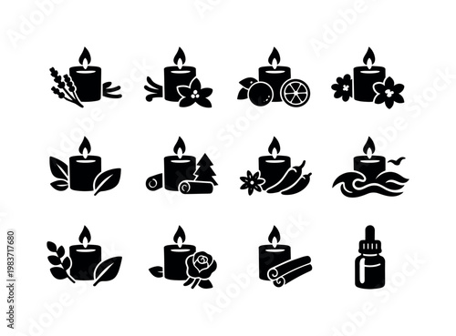 Candle Fragrances. Solid icon set of Candle Fragrances: lavender scent, vanilla scent, citrus scent, floral aroma, herbal fragrance, woody scent, spice aroma,