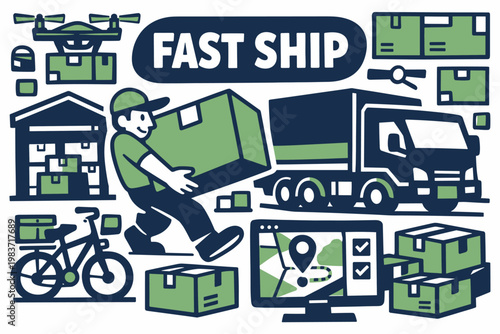 Delivery Logistics Series flat vector digital illustration, doodle flat, thick outline, expressive characters, simple shapes, playful proportions, exaggerated