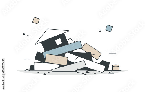 Disaster impact overview. An abstract collapsed building represented by stacked and scattered geometric shapes. Clean composition communicates damage without