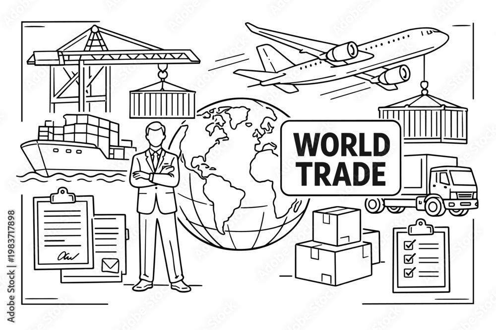 Fototapeta premium Global Trade Logistics. Clean outline line art banner of international trade with business professional beside oversized globe and cargo ship, shipping