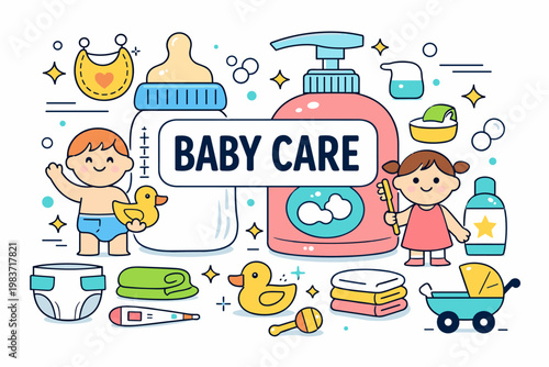 Kids Hygiene Care Icons. Kid hygiene and infant care editorial banner with geometric characters beside an oversized baby bottle and large soap dispenser across
