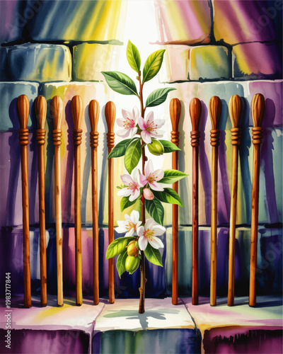 Blooming branch with white pink flowers growing through wooden spindles against colorful stone wall, watercolor illustration