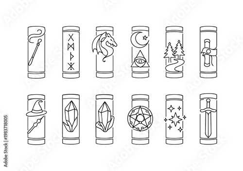 Fantasy and Magic Book Spines. Minimalistic set one-line drawing spellbook spine, ancient rune spine, dragon emblem spine, mystical symbol spine, wizard tome