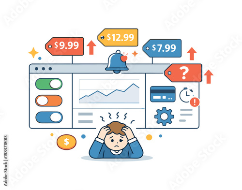 Subscription manager anxiety illustrated by a dashboard filled with toggles and price tags pushing upward, conveying decision fatigue hidden costs and constant