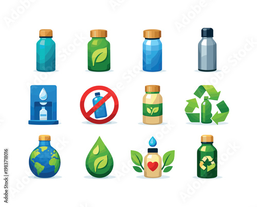 EcoBottle. Colorful flat vector icons set of EcoBottle: reusable bottle, eco leaf bottle, bamboo lid bottle, stainless steel bottle, refill station, no plastic