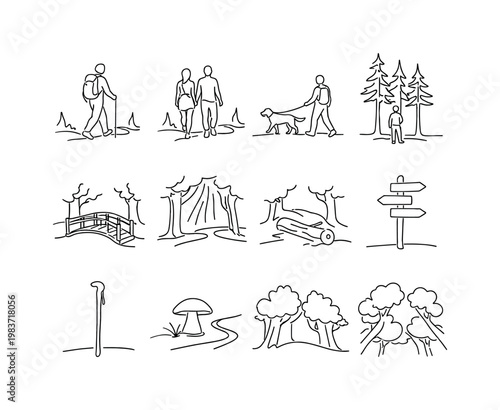 Forest Walks. Minimalistic set one-line drawing person walking on forest trail, hiker with backpack among trees, couple walking in woods, dog walking on forest
