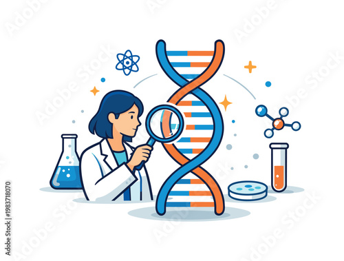 Biotech researcher DNA strand centered on a clean double helix with subtle lab symbols, expressing scientific curiosity, precision, and modern biotechnology