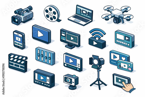 Video Media Production Video Media Production collection of isometric vector icons showing video camera, cinema reel, laptop editing screen, play button, live