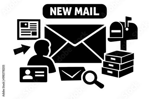 Mail Message Inbox. Clean solid/filled composition of a mail communication scene with one user, oversized envelope and mailbox as dominant objects, small