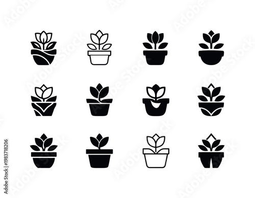 Flower Pot. Icon set. Set Logo of Flower Pot: abstract floral container symbol. harmonious logo variations of the same emblematic concept, each with different