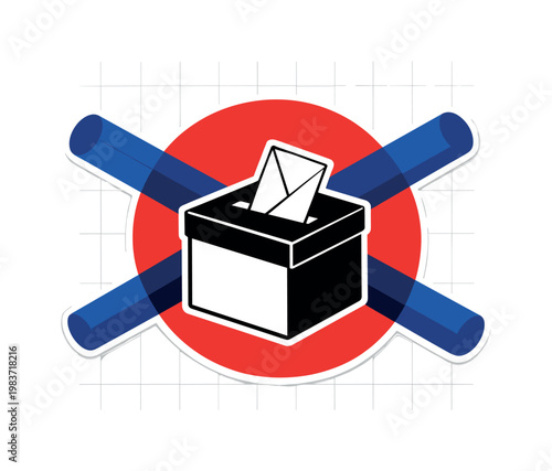 Black and white ballot box centered with envelope partially visible inside, bright red circular spotlight highlighting the moment of choice, cobalt blue