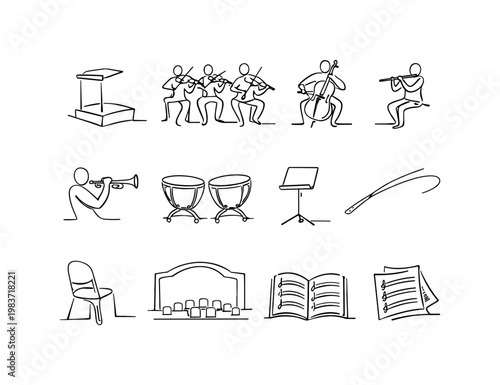 Orchestral Arrangement. Minimalistic set one-line drawing orchestra stage, conductor podium, violin section, cello, flute, trumpet, timpani drum, sheet music