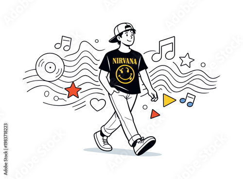 Music as identity. Solo character walking confidently, band t-shirt logo clearly visible, abstract sound waves and shapes following behind. Feeling