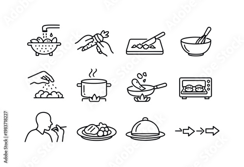 Cooking Process. Line icon set of Cooking Process: washing ingredients, peeling vegetables, chopping food, mixing bowl, seasoning sprinkle, simmering pot,
