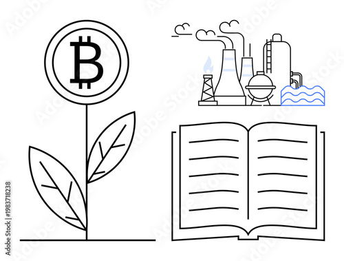 Cryptocurrency, environmental impact, energy, industry, finance, education. Bitcoin symbol as a growing plant, industrial factories and an open book. Cryptocurrency and environmental impact theme