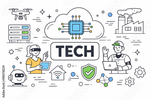 Technology Future Outline Icons. Modern technology editorial banner with geometric characters beside an oversized cloud chip and large smart device across the