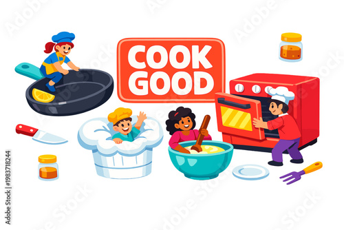 Cooking Kitchen Tools collection of flat vector icons including frying pan, oven, chef hat, mixing bowl, knife, spice jar, plate, grill fork, cookbook,