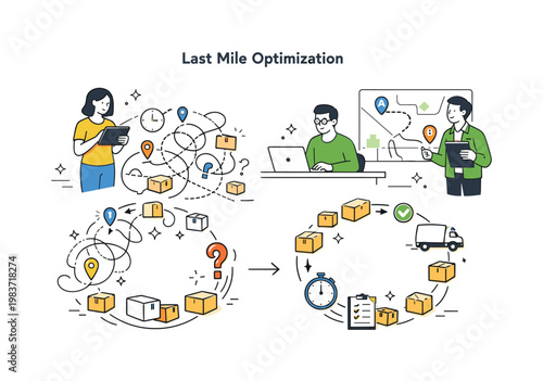 Last mile optimization challenge. People analyzing delivery routes and parcels arranged in a chaotic circle. Attempt to bring order and efficiency into complex