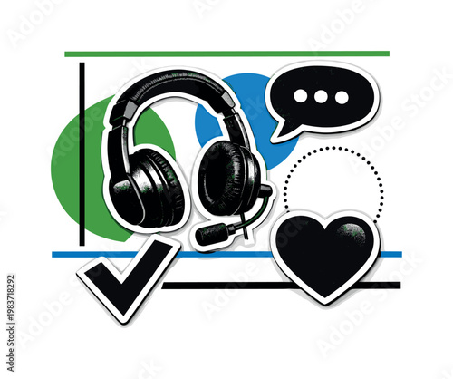 Black and white still life of customer support symbols: headset, chat bubble, checkmark, heart icon, retro photo cut-out style with white outlines, abstract