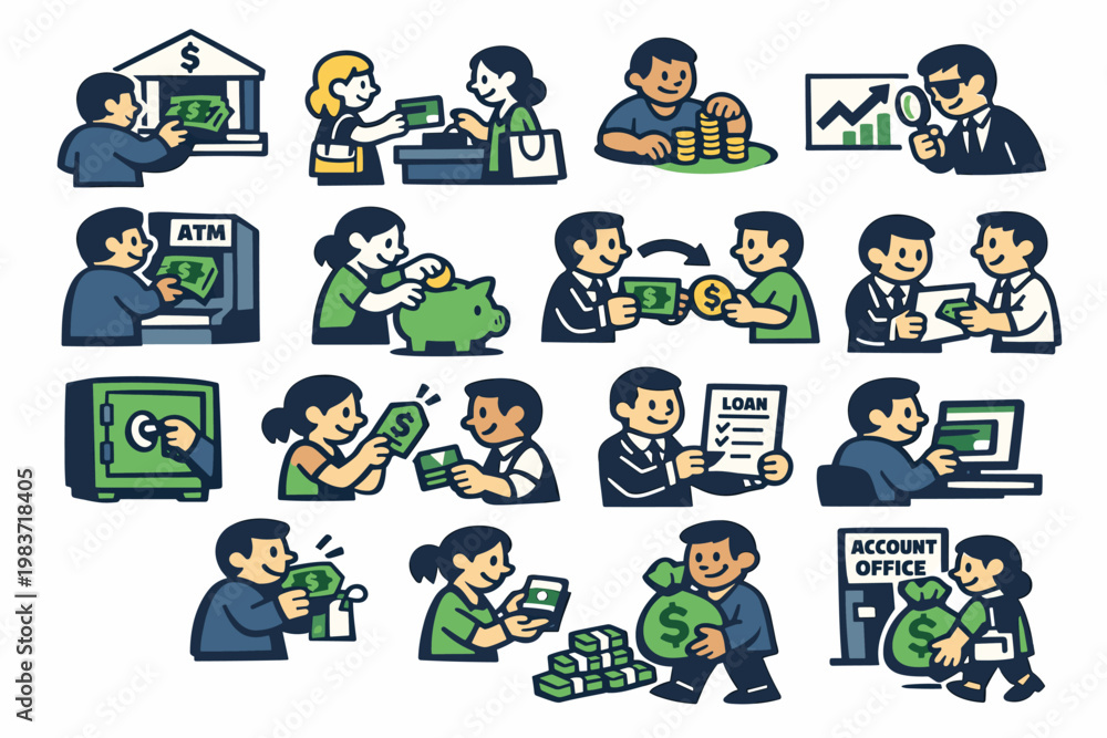Fototapeta premium Dollar Finance Series flat vector digital illustration, doodle flat, thick outline, expressive characters, simple shapes, playful proportions, exaggerated