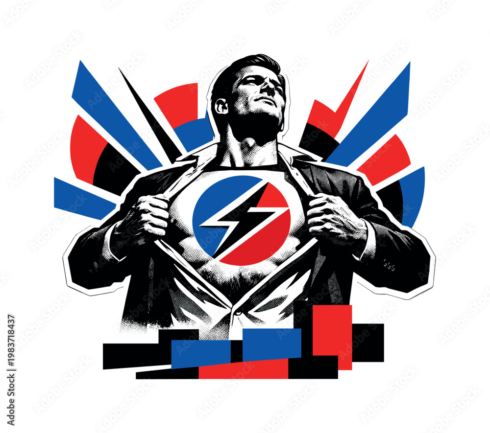 Fototapeta premium Black and white realistic figure pulling open a shirt dramatically to reveal a bold abstract emblem on the chest, strong directional lighting, cobalt blue and