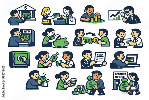Dollar Finance Series flat vector digital illustration, doodle flat, thick outline, expressive characters, simple shapes, playful proportions, exaggerated
