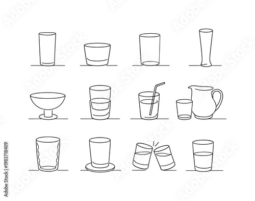Drinking Glass Variations. Minimalistic set one-line drawing [tall highball glass, short tumbler glass, cylindrical glass silhouette, narrow glass profile,