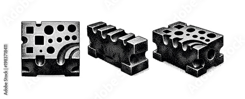 Forging tools swage block shown as the same heavy swage block in top view, side view, and three-quarter view, isolated with realistic proportions and visible