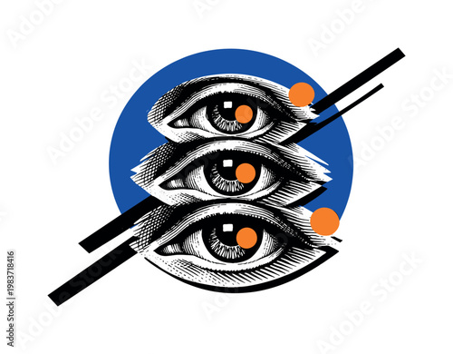 High-contrast black and white trio of vintage engraved eyes aligned vertically, slight offset layering creating surreal echo effect, large cobalt