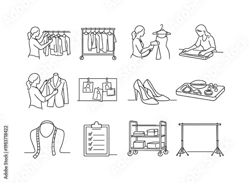 Fashion Stylist Preparing Editorial Wardrobe. Minimalistic set one-line drawing stylist arranging clothes on rack, garment rack with hanging outfits, steaming