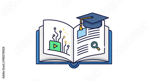 digital education online learning open book graduation cap and technology elements symbolizing modern academic study and digital knowledge.