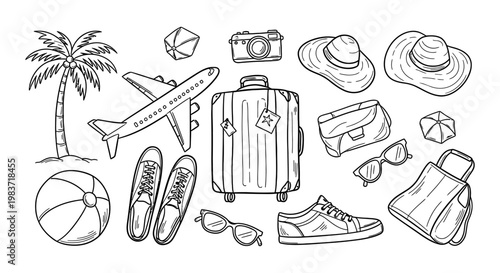black and white hand-drawn vector illustration of travel essentials like a suitcase airplane and palm tree