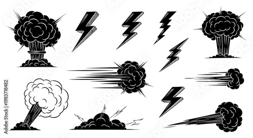 collection of black and white hand-drawn vector icons of explosions and lightning bolts