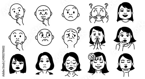 human emotions and diverse facial expressions collection illustrating various feelings and moods with black and white hand-drawn icons.