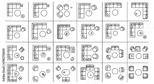 minimalist architectural floor plans showing various living room furniture layouts sectional sofas for interior design planning.