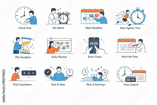 Time Clock Control. Time management, alarms, dates, countdowns, watches, timers, speed, scheduling, and daily planning. minimalist editorial vector scenes: a