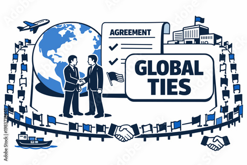 Global Diplomacy Stories Global Diplomacy Stories banner, two diplomats shaking hands beside an oversized globe and giant agreement document with flags and